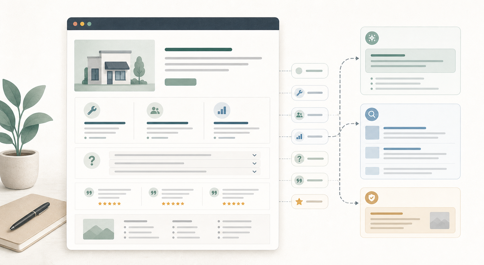 AnswerCue illustration of website evidence becoming an AI summary.